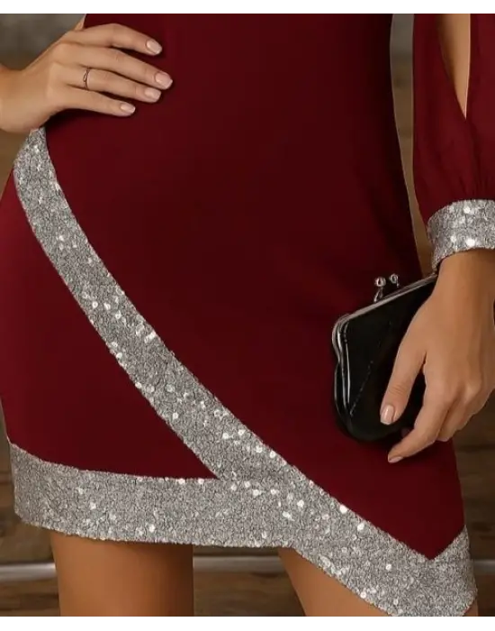 Kadın Uzun Kollu V Yakalı Pulpayetli Ithal Krep Elbise