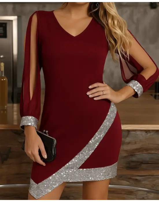 Kadın Uzun Kollu V Yakalı Pulpayetli Ithal Krep Elbise