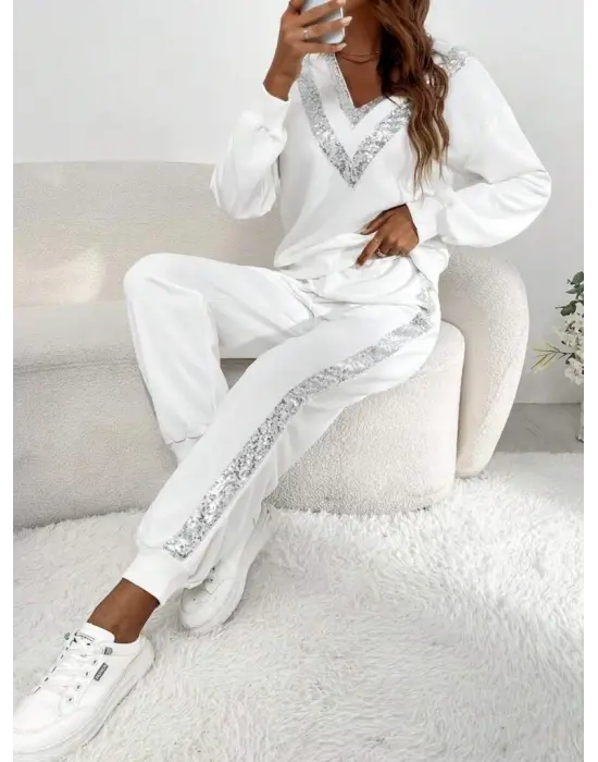 Kadın Uzun Kollu V Yakalı Pulpayetli Viskon Iki Iplik Bluz Ve Pantolon