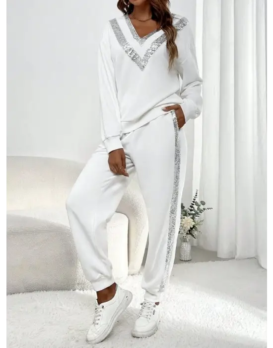 Kadın Uzun Kollu V Yakalı Pulpayetli Viskon Iki Iplik Bluz Ve Pantolon