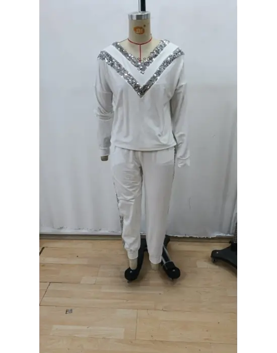 Kadın Uzun Kollu V Yakalı Pulpayetli Viskon Iki Iplik Bluz Ve Pantolon