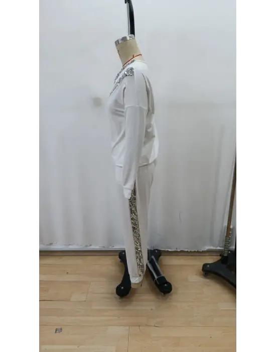 Kadın Uzun Kollu V Yakalı Pulpayetli Viskon Iki Iplik Bluz Ve Pantolon