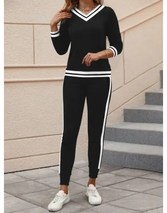Kadın Uzun Kollu V Yakalı Ribanalı Viskon Iki Iplik Bluz Ve Pantolon Ikili Takım
