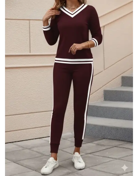 Kadın Uzun Kollu V Yakalı Ribanalı Viskon Iki Iplik Bluz Ve Pantolon Ikili Takım