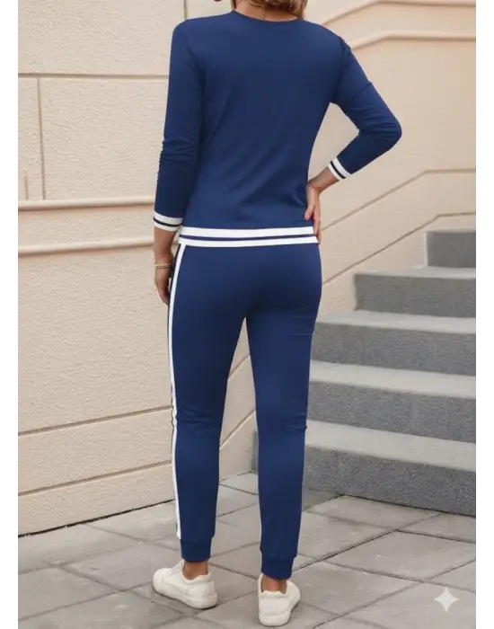 Kadın Uzun Kollu V Yakalı Ribanalı Viskon Iki Iplik Bluz Ve Pantolon Ikili Takım