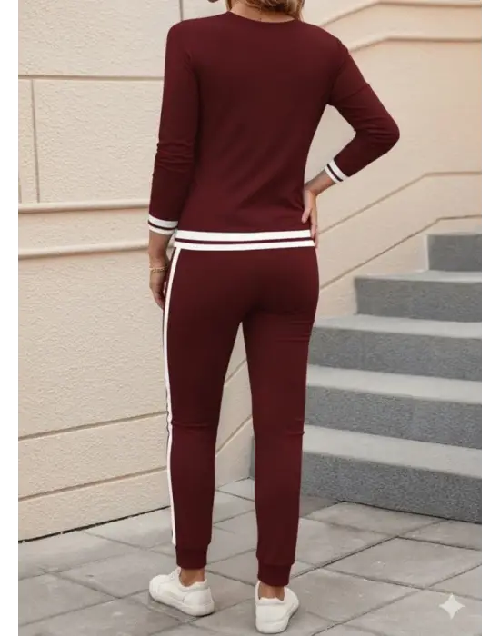 Kadın Uzun Kollu V Yakalı Ribanalı Viskon Iki Iplik Bluz Ve Pantolon Ikili Takım