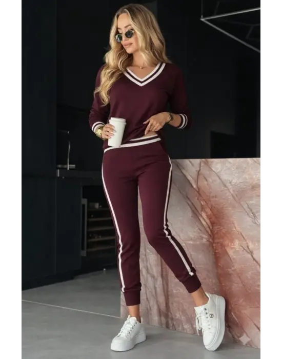 Kadın Uzun Kollu V Yakalı Ribanalı Viskon Iki Iplik Bluz Ve Pantolon Ikili Takım