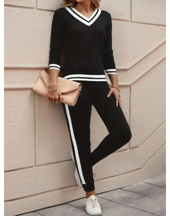 Kadın Uzun Kollu V Yakalı Ribanalı Viskon Iki Iplik Bluz Ve Pantolon Ikili Takım