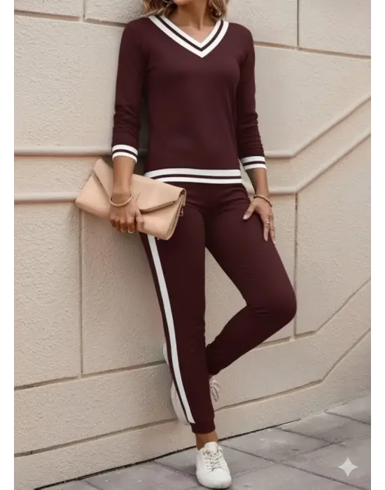 Kadın Uzun Kollu V Yakalı Ribanalı Viskon Iki Iplik Bluz Ve Pantolon Ikili Takım