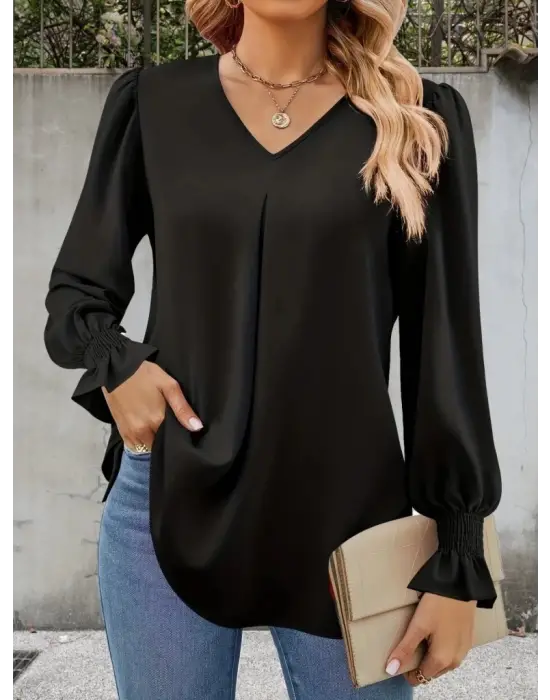 Kadın Uzun Kollu V Yakalı Salaş Ithal Krep Bluz