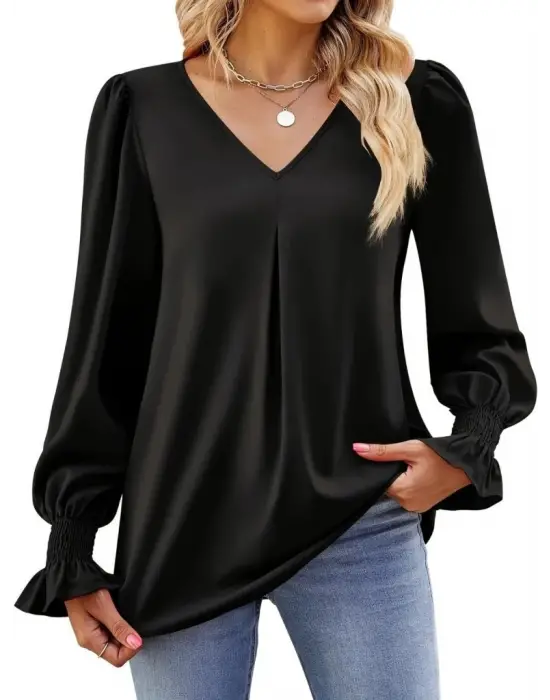 Kadın Uzun Kollu V Yakalı Salaş Ithal Krep Bluz