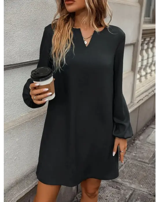 Kadın Uzun Kollu V Yakalı Salaş Ithal Krep Elbise