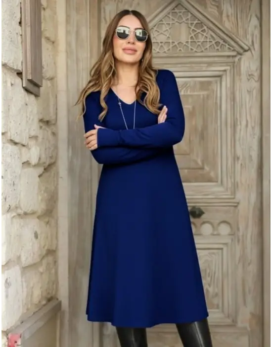 Kadın Uzun Kollu V Yakalı Salaş Midi Akrilik Elbise