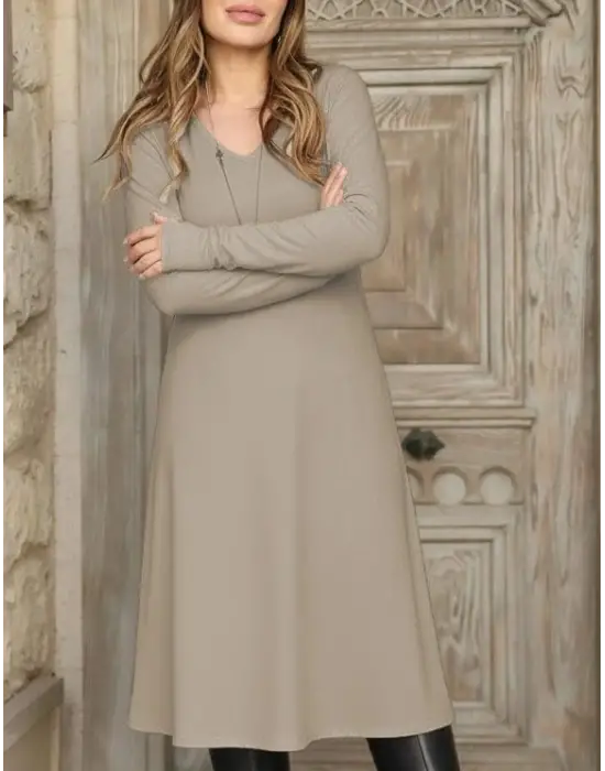 Kadın Uzun Kollu V Yakalı Salaş Midi Akrilik Elbise
