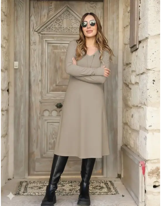 Kadın Uzun Kollu V Yakalı Salaş Midi Akrilik Elbise