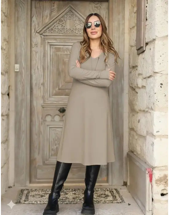 Kadın Uzun Kollu V Yakalı Salaş Midi Akrilik Elbise