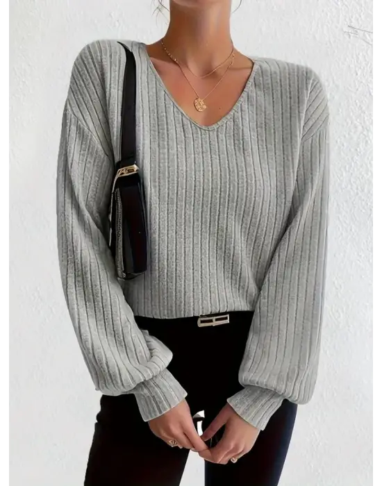 Kadın Uzun Kollu V Yakalı Salaş şardonlu Kaşkorse Bluz