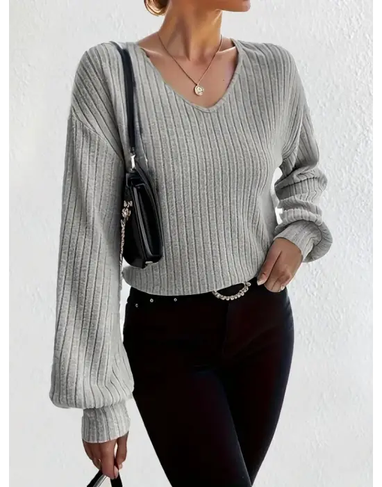 Kadın Uzun Kollu V Yakalı Salaş şardonlu Kaşkorse Bluz