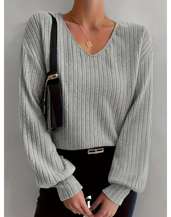 Kadın Uzun Kollu V Yakalı Salaş şardonlu Kaşkorse Bluz