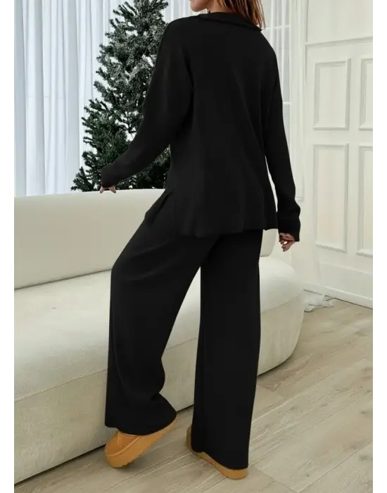 Kadın Uzun Kollu V Yakalı şardonlu Kaşkorse Bluz Ve Pantolon Ikili Takım