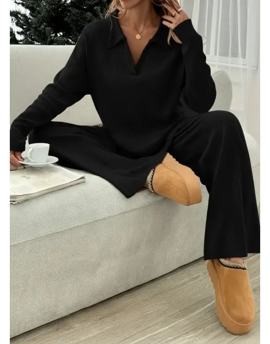 Kadın Uzun Kollu V Yakalı şardonlu Kaşkorse Bluz Ve Pantolon Ikili Takım