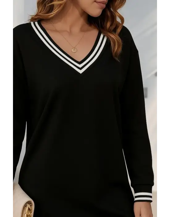 Kadın Uzun Kollu V Yakalı şerit Detaylı Kısa Viskon Iki Iplik Elbise