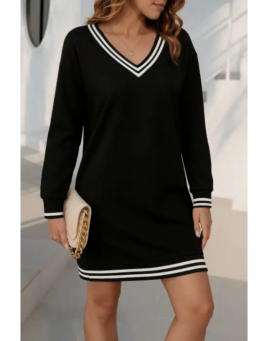Kadın Uzun Kollu V Yakalı şerit Detaylı Kısa Viskon Iki Iplik Elbise