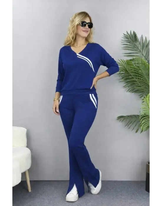 Kadın Uzun Kollu V Yakalı şerit Detaylı Viskon Iki Iplik Bluz Ve Pantolon Ikili Takım