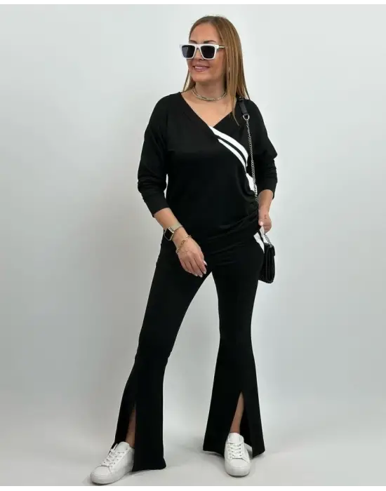 Kadın Uzun Kollu V Yakalı şerit Detaylı Viskon Iki Iplik Bluz Ve Pantolon Ikili Takım