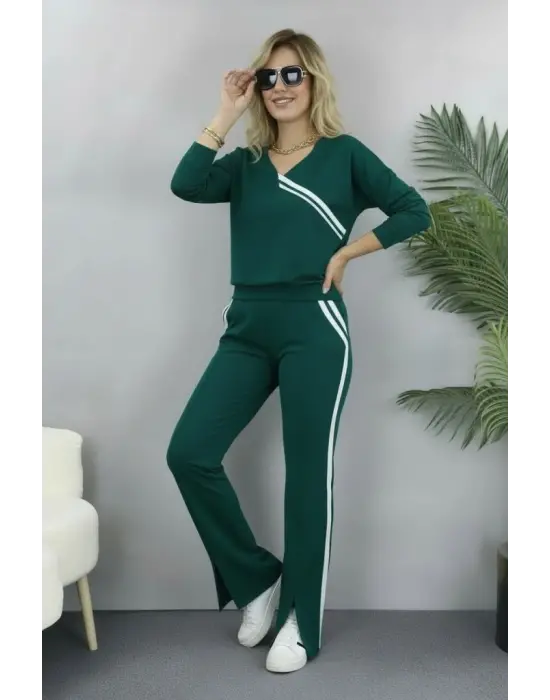 Kadın Uzun Kollu V Yakalı şerit Detaylı Viskon Iki Iplik Bluz Ve Pantolon Ikili Takım