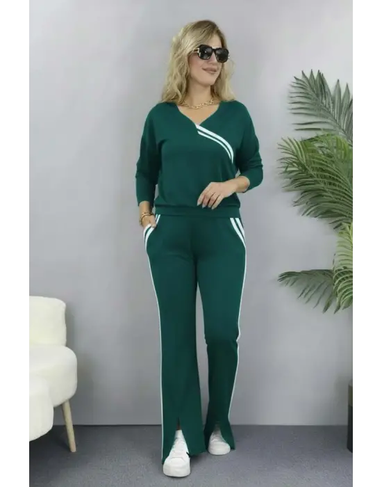 Kadın Uzun Kollu V Yakalı şerit Detaylı Viskon Iki Iplik Bluz Ve Pantolon Ikili Takım