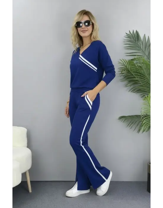 Kadın Uzun Kollu V Yakalı şerit Detaylı Viskon Iki Iplik Bluz Ve Pantolon Ikili Takım