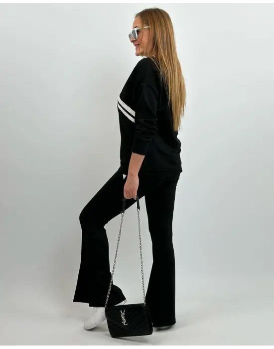 Kadın Uzun Kollu V Yakalı şerit Detaylı Viskon Iki Iplik Bluz Ve Pantolon Ikili Takım