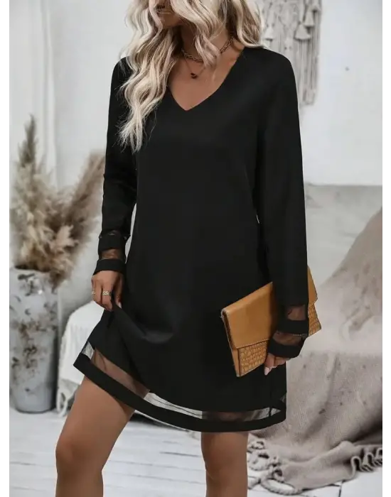 Kadın Uzun Kollu V Yakalı şeritli Tül Detaylı Ithal Krep Elbise