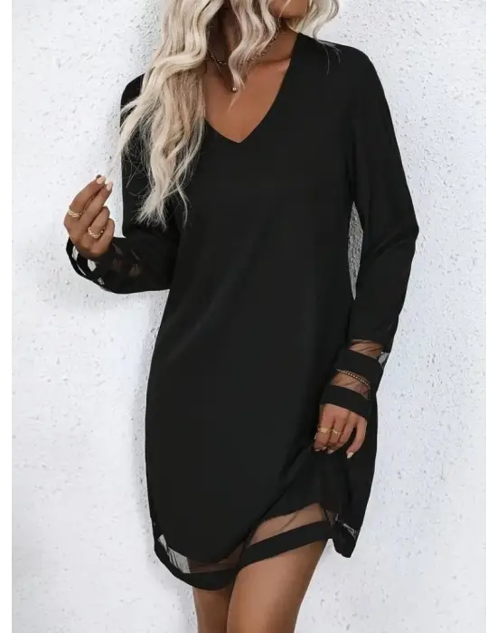 Kadın Uzun Kollu V Yakalı şeritli Tül Detaylı Ithal Krep Elbise