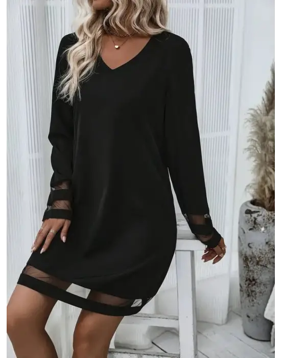 Kadın Uzun Kollu V Yakalı şeritli Tül Detaylı Ithal Krep Elbise