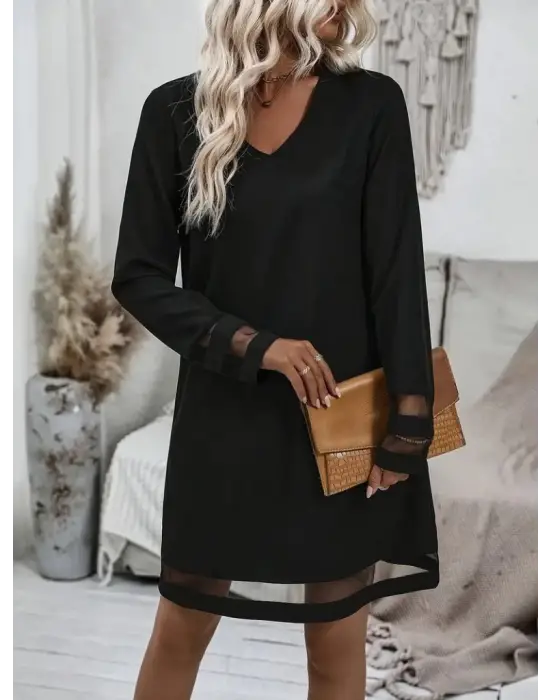 Omarı Tül Detaylı Kadın Uzun Kollu V Yakalı Elbise