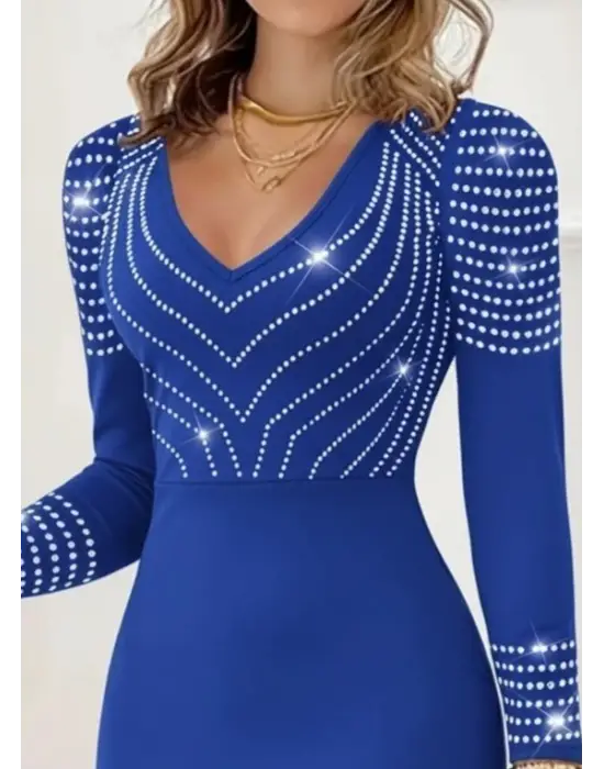 Kadın Uzun Kollu V Yakalı Taşlı Mini Ithal Krep Elbise