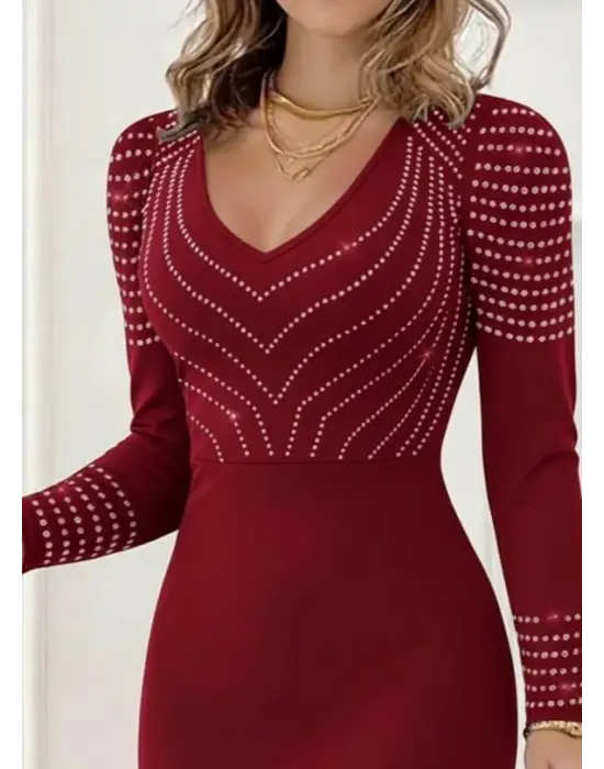 Kadın Uzun Kollu V Yakalı Taşlı Mini Ithal Krep Elbise