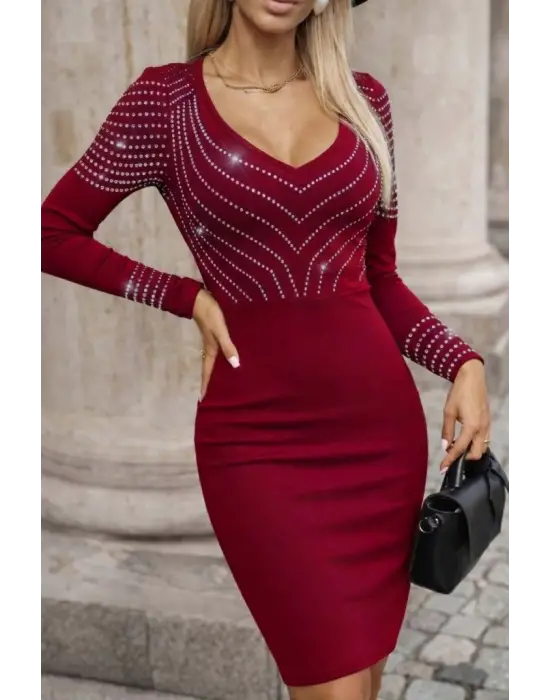 Kadın Uzun Kollu V Yakalı Taşlı Mini Ithal Krep Elbise
