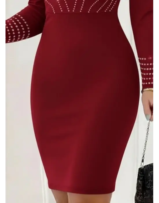 Kadın Uzun Kollu V Yakalı Taşlı Mini Ithal Krep Elbise