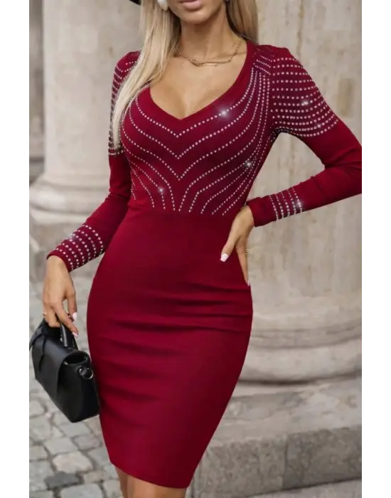Kadın Uzun Kollu V Yakalı Taşlı Mini Ithal Krep Elbise