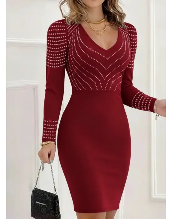 Kadın Uzun Kollu V Yakalı Taşlı Mini Ithal Krep Elbise