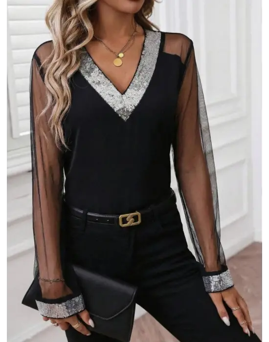 Kadın Uzun Kollu V Yakalı Tül Detaylı Ithal Krep Bluz