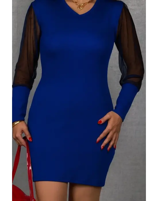 Kadın Uzun Kollu V Yakalı Tül Detaylı Mini Kaşkorse Elbise