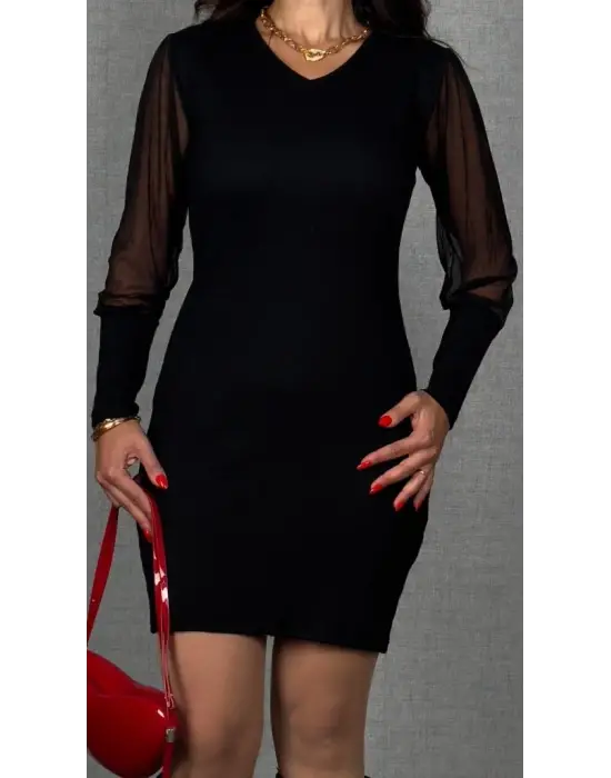 Kadın Uzun Kollu V Yakalı Tül Detaylı Mini Kaşkorse Elbise