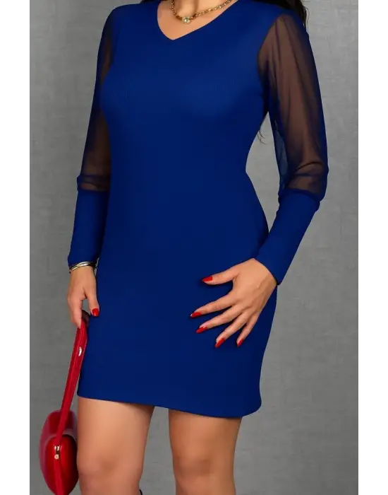 Kadın Uzun Kollu V Yakalı Tül Detaylı Mini Kaşkorse Elbise