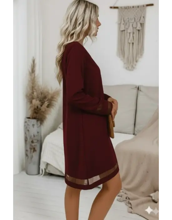 Kadın Uzun Kollu V Yakalı Tül şerit Detaylı Mini Krep Elbise