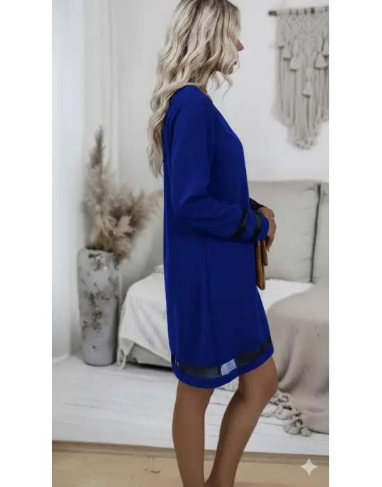 Kadın Uzun Kollu V Yakalı Tül şerit Detaylı Mini Krep Elbise