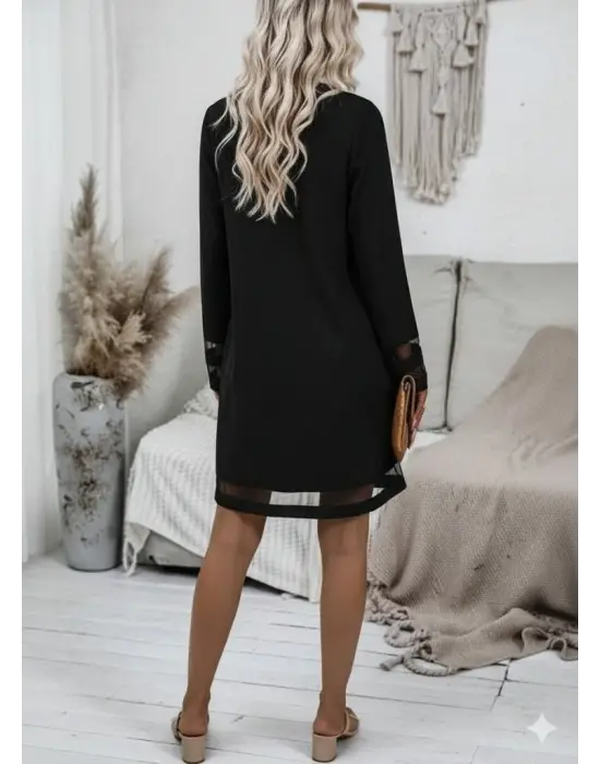 Kadın Uzun Kollu V Yakalı Tül şerit Detaylı Mini Krep Elbise